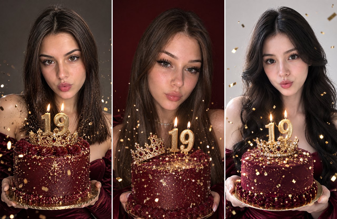 Фотосессия с тортом: три девушки в бордовом бархате задувают свечи 19 на торте с короной