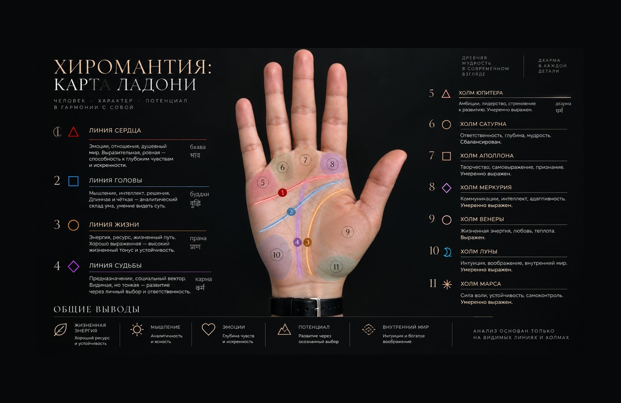 Хиромантия по фото руки: карта ладони с подсвеченными линиями, семью холмами и общими выводами