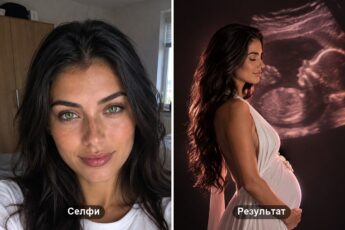 Фотосессия для беременных из селфи: слева исходное фото девушки, справа портрет в белом платье с УЗИ на стене