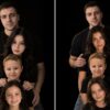 Семейная фотосессия в чёрном: две семьи на чёрном фоне в одинаковых футболках