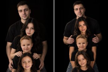 Семейная фотосессия в чёрном: две семьи на чёрном фоне в одинаковых футболках