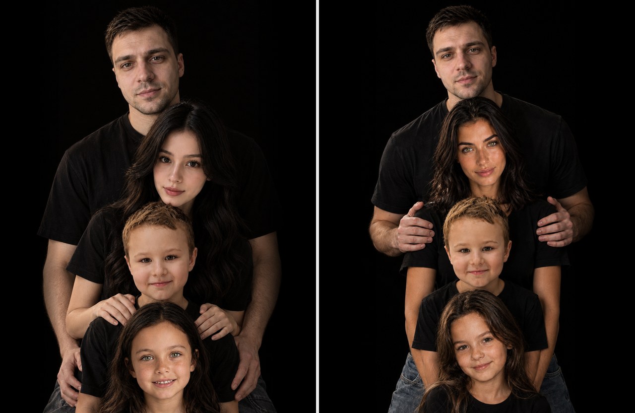 Семейная фотосессия в чёрном: две семьи на чёрном фоне в одинаковых футболках
