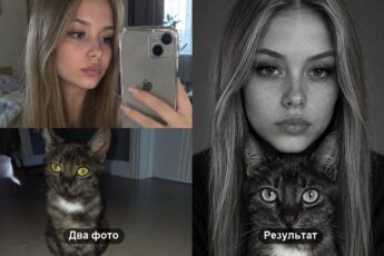 Чёрно-белое фото с питомцем: селфи девушки и снимок кошки превращаются в студийный портрет