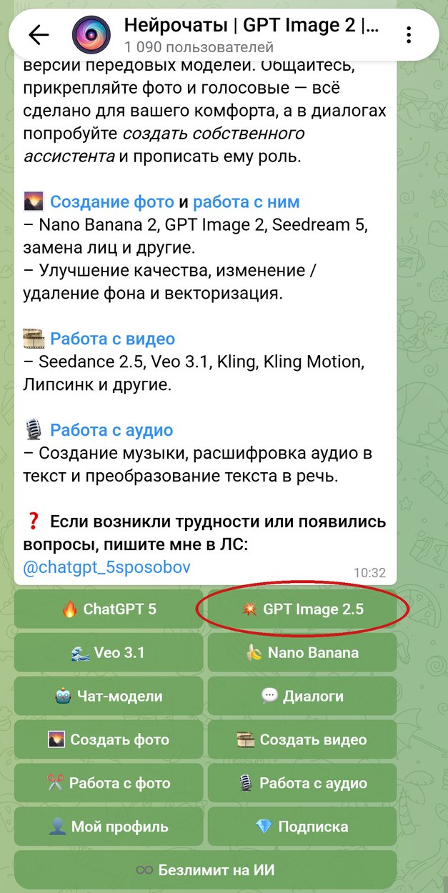 Главное меню бота Нейрочаты, обведена кнопка GPT Image 2.5