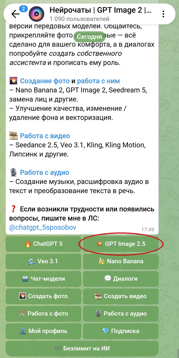 Главное меню бота Нейрочаты, кнопка GPT Image 2.5 обведена красным