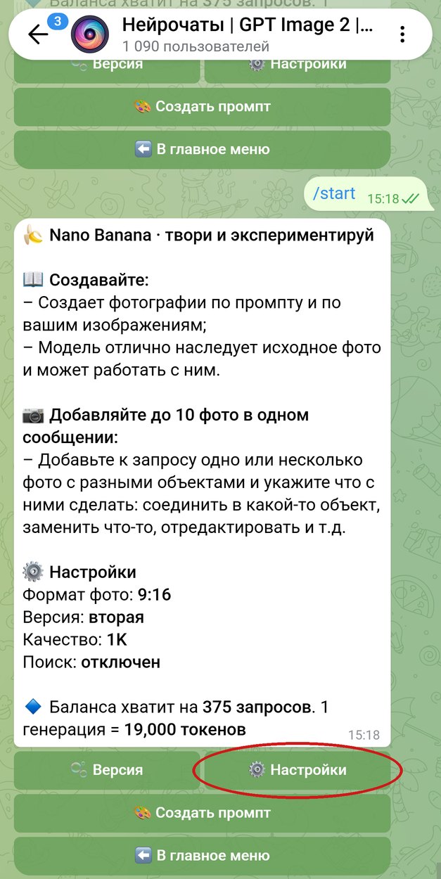 Карточка Nano Banana в боте: формат 9:16, версия вторая, кнопка Настройки обведена