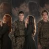 Фото с двойной экспозицией: три пары, мужчины в военной форме, девушки в тёмно-зелёных платьях, над ними кадр поцелуя