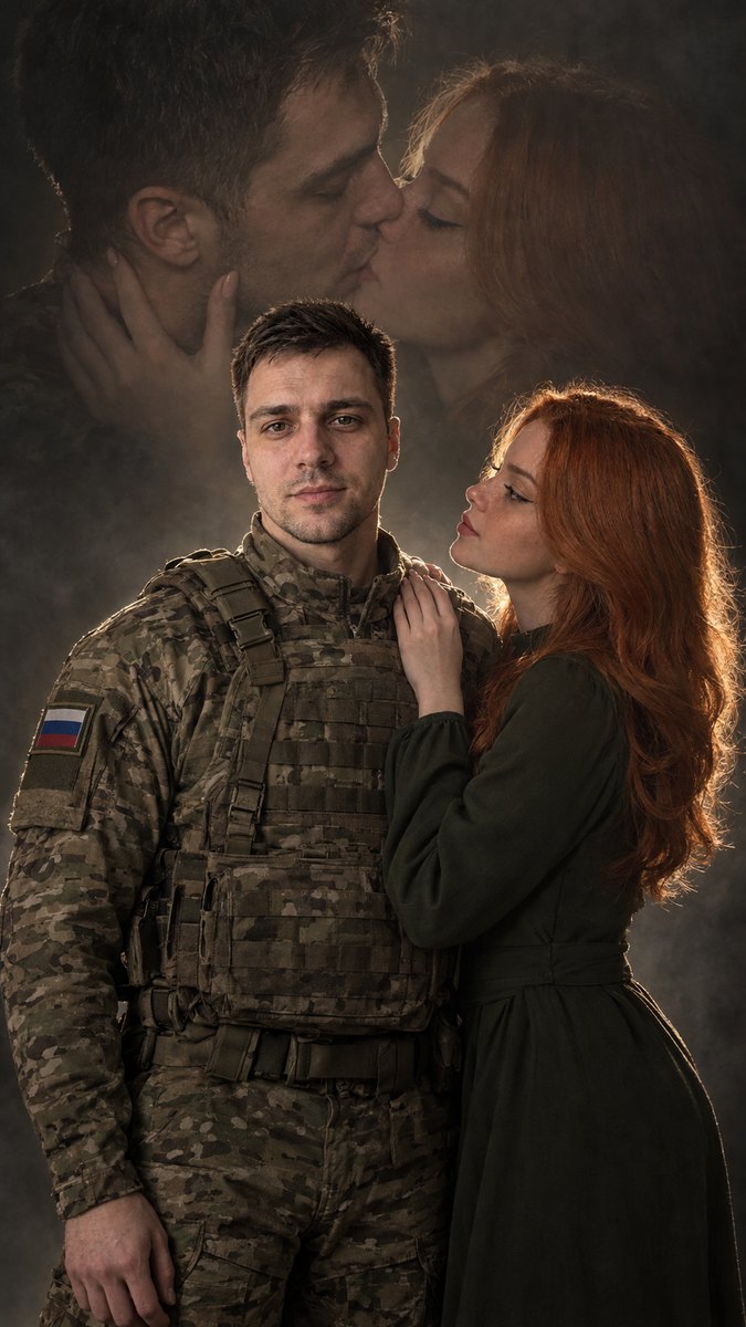 Фото с двойной экспозицией: мужчина в форме мультикам и рыжая девушка в профиль, над ними полупрозрачный поцелуй