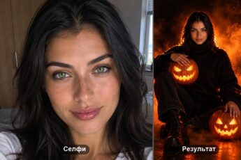 Фотосессия на Хэллоуин: обычное селфи слева, справа та же девушка на полу с двумя светящимися тыквами в оранжевом дыму