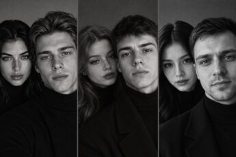 Фотосессия пары в стиле Zara: три чёрно-белых портрета пар в чёрных водолазках