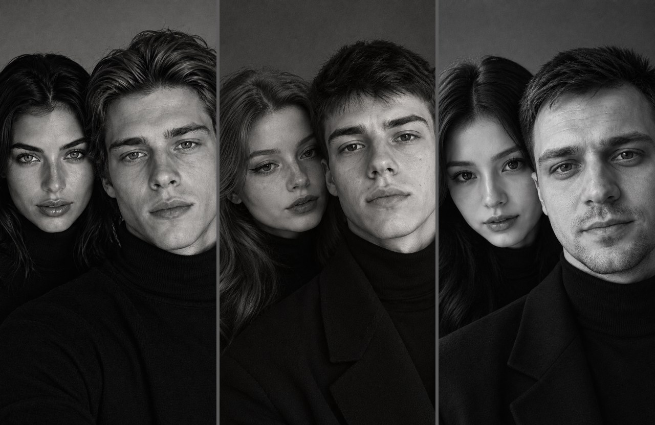Фотосессия пары в стиле Zara: три чёрно-белых портрета пар в чёрных водолазках