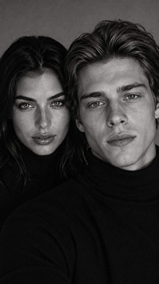 Чёрно-белый портрет пары в стиле рекламы Zara: девушка с тёмными волосами за плечом парня в водолазке