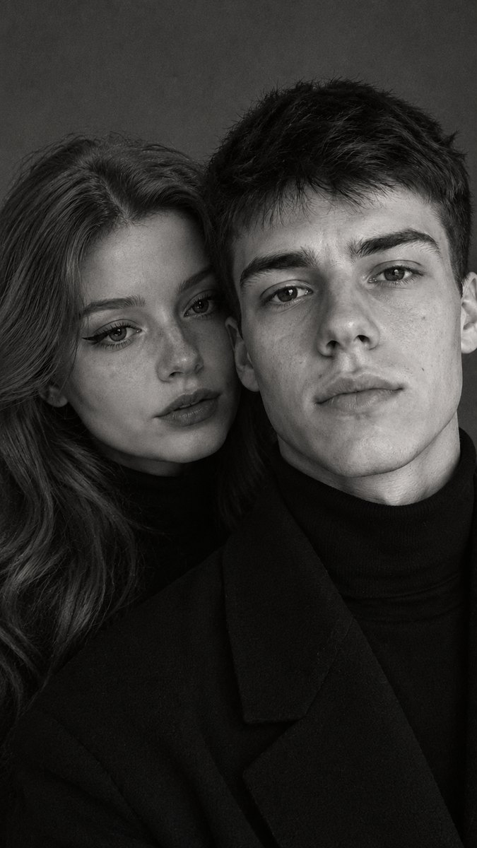 Фотосессия пары в стиле Zara: девушка с длинными волнистыми волосами и веснушками, парень в пальто поверх водолазки