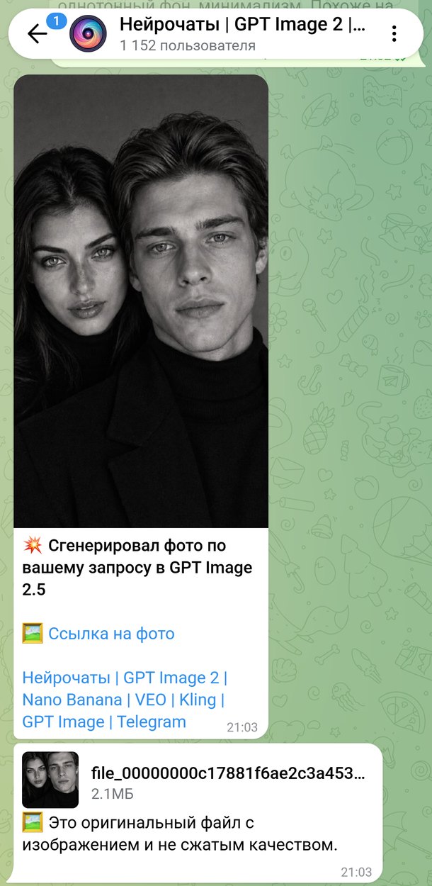 Ответ бота: чёрно-белый портрет пары в пальто и файл-оригинал без сжатия