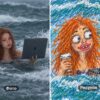 Рисунок мелками из фото: рыжая девушка в океане с ноутбуком и кофе на снимке и на смешном детском рисунке