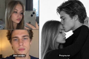 Фотосессия пары в студии: два селфи и готовый чёрно-белый портрет в объятиях