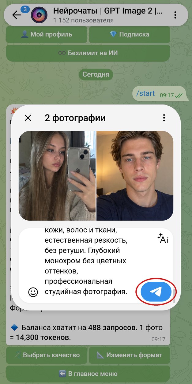 Окно отправки двух фотографий с промптом в подписи, кнопка отправки обведена