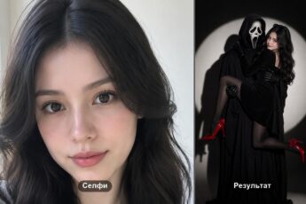 Селфи брюнетки и результат: Призрачное лицо из «Крика» держит её на руках под белым прожектором