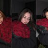Фото с большим букетом роз: три девушки в тёмной спальне обнимают красные розы, глаза закрыты