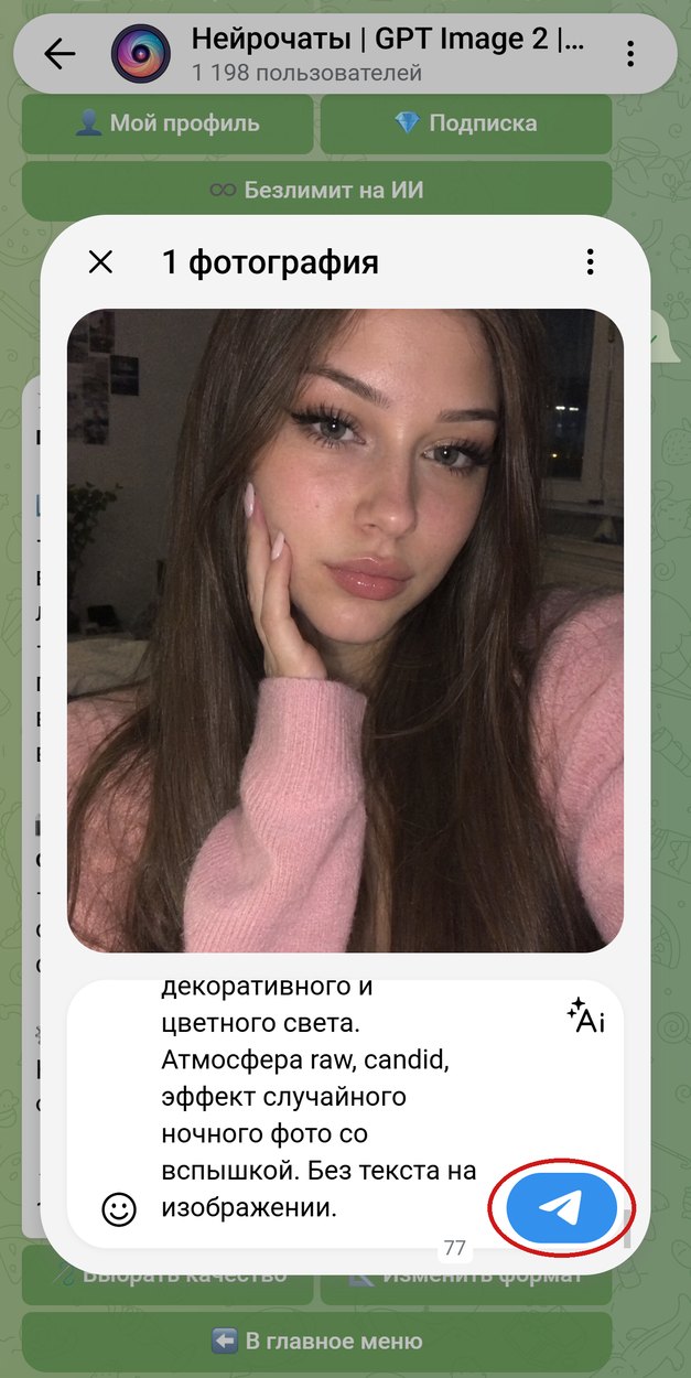 Селфи с промптом в подписи перед отправкой боту, обведена кнопка отправки