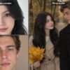 Осенняя фотосессия пары: слева два обычных селфи, справа готовый кадр, где они идут за руки по аллее