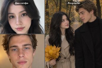Осенняя фотосессия пары: слева два обычных селфи, справа готовый кадр, где они идут за руки по аллее