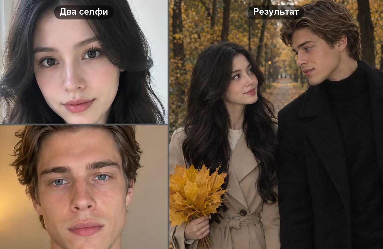 Осенняя фотосессия пары: слева два обычных селфи, справа готовый кадр, где они идут за руки по аллее