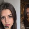 Осеннее селфи с кленовыми листьями: слева обычное селфи брюнетки дома, справа она же ночью в парке прикрывает лицо листьями