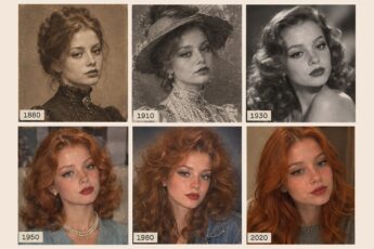 Одно лицо в шести эпохах: портреты 1880, 1910, 1930, 1950, 1980 и 2020 годов из коллажа нейросети