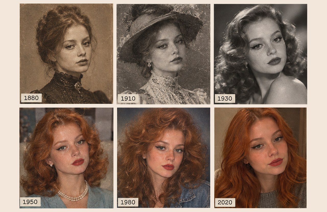 Одно лицо в шести эпохах: портреты 1880, 1910, 1930, 1950, 1980 и 2020 годов из коллажа нейросети