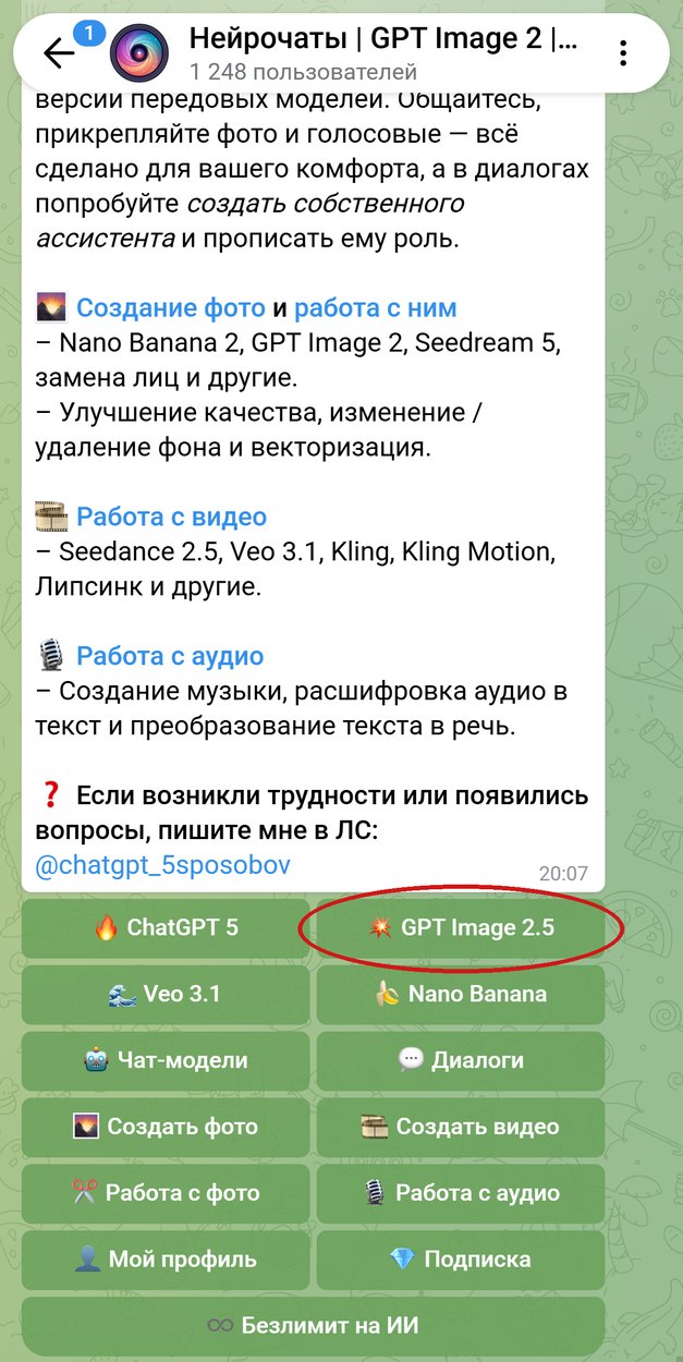 Главное меню бота Нейрочаты, обведена кнопка GPT Image 2.5