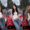 Фотосессия с Феррари: три девушки у капота красной машины на лесной дороге