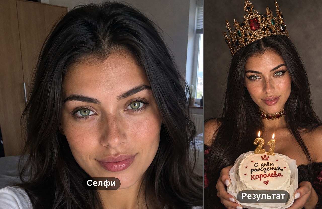 Селфи девушки в белой футболке и её фото в короне с тортом на день рождения