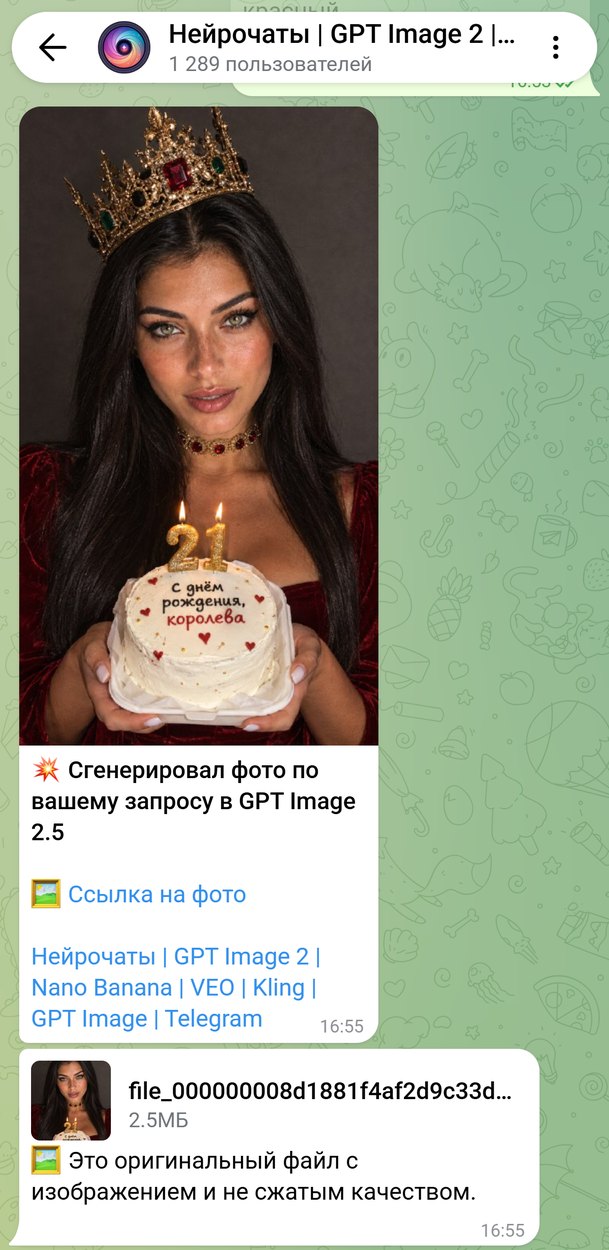 Готовое фото в короне в чате бота и оригинальный файл под ним
