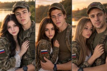 Фото военного с девушкой на закате у реки: три пары в камуфляже и кружевном платье