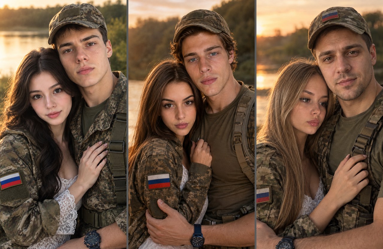 Фото военного с девушкой на закате у реки: три пары в камуфляже и кружевном платье