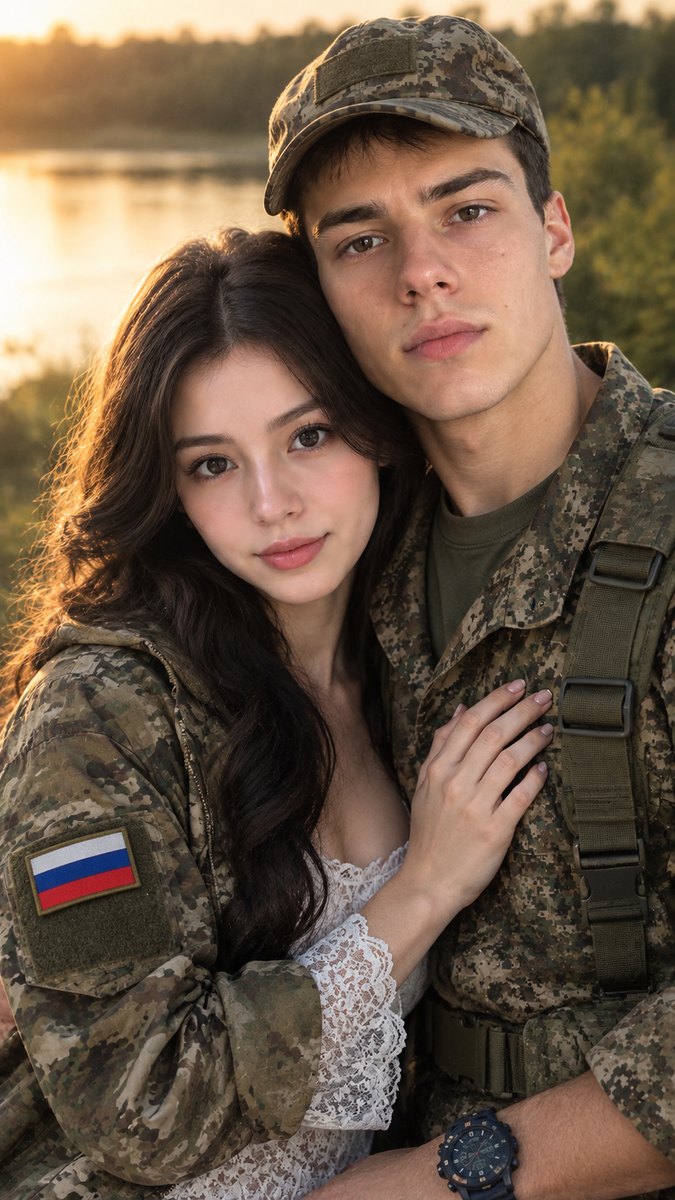 Военный в камуфляже и кепи обнимает темноволосую девушку в его куртке с флагом, за ними река на закате