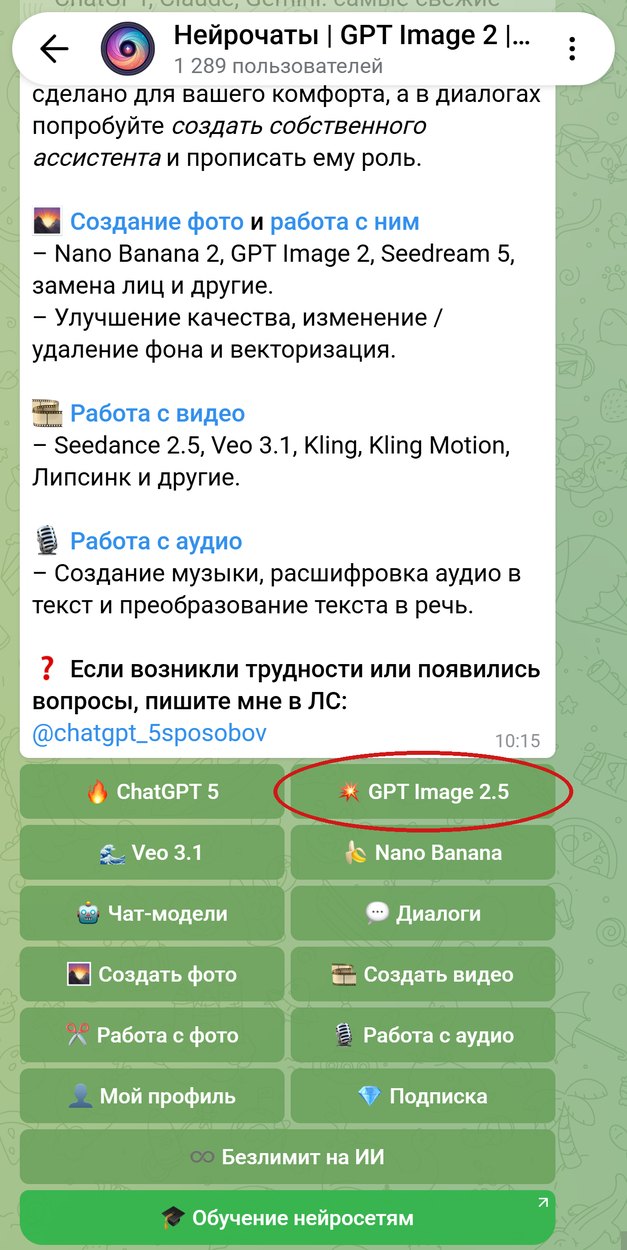 Главное меню бота Нейрочаты, кнопка GPT Image 2.5 обведена
