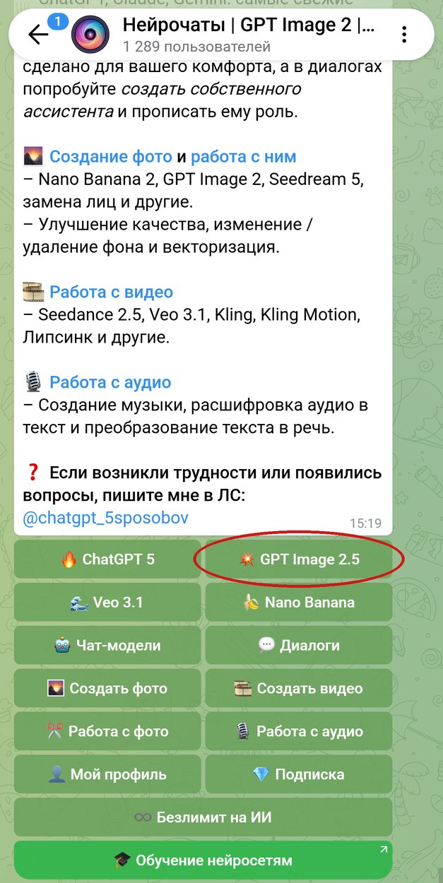 Главное меню бота Нейрочаты, обведена кнопка GPT Image 2.5