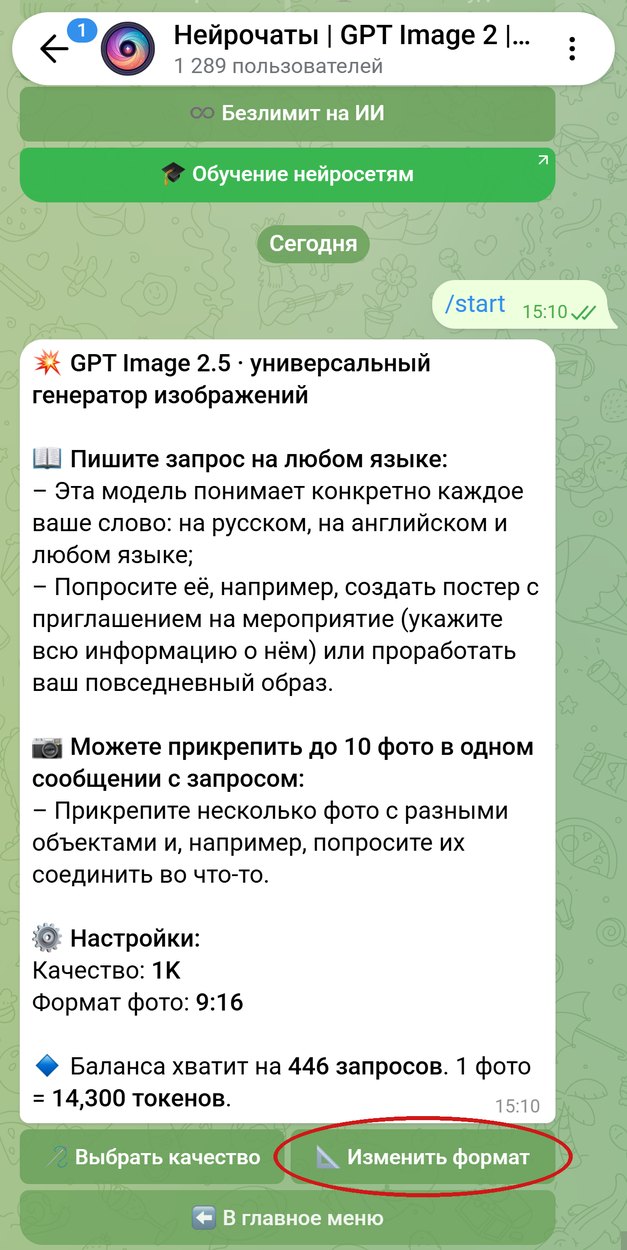 Карточка GPT Image 2.5 в боте, обведена кнопка «Изменить формат»
