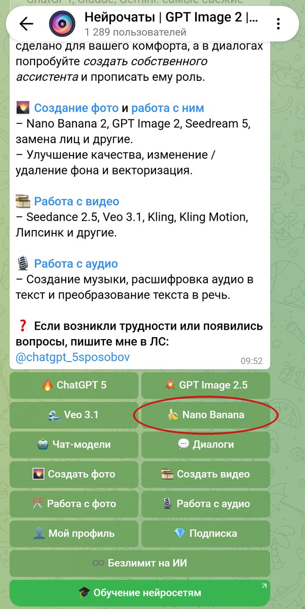 Главное меню бота Нейрочаты, обведена кнопка Nano Banana