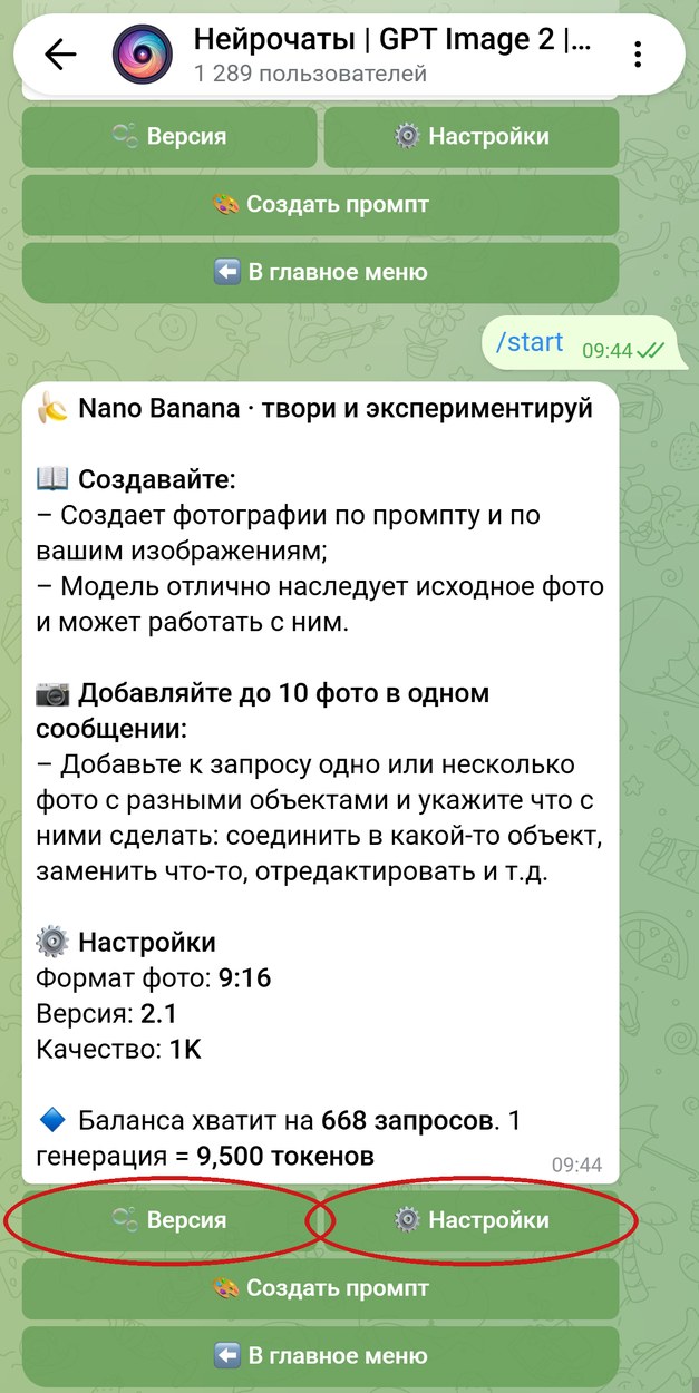 Карточка Nano Banana в боте с версией 2.1 и форматом 9:16, обведены кнопки Версия и Настройки