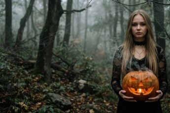 Осенняя фотосессия с тыквой: девушка в чёрном кружевном платье с горящей тыквой в туманном лесу