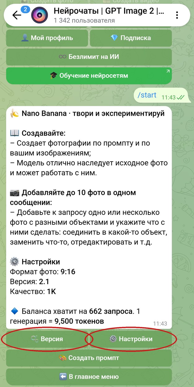 Экран Nano Banana в боте: версия 2.1 и формат 9:16, кнопки Версия и Настройки обведены