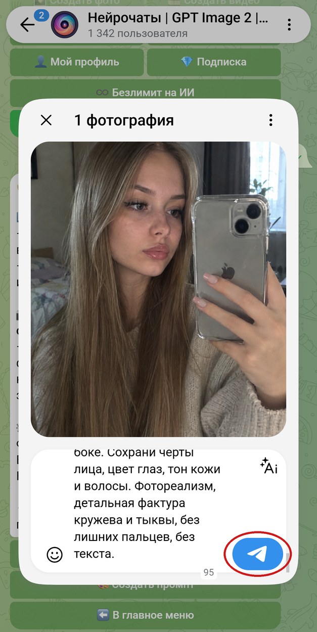 Селфи прикреплено, промпт вставлен подписью, кнопка отправки обведена