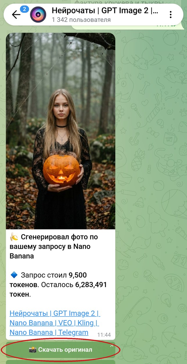 Ответ бота: фото с тыквой в туманном лесу и кнопка Скачать оригинал
