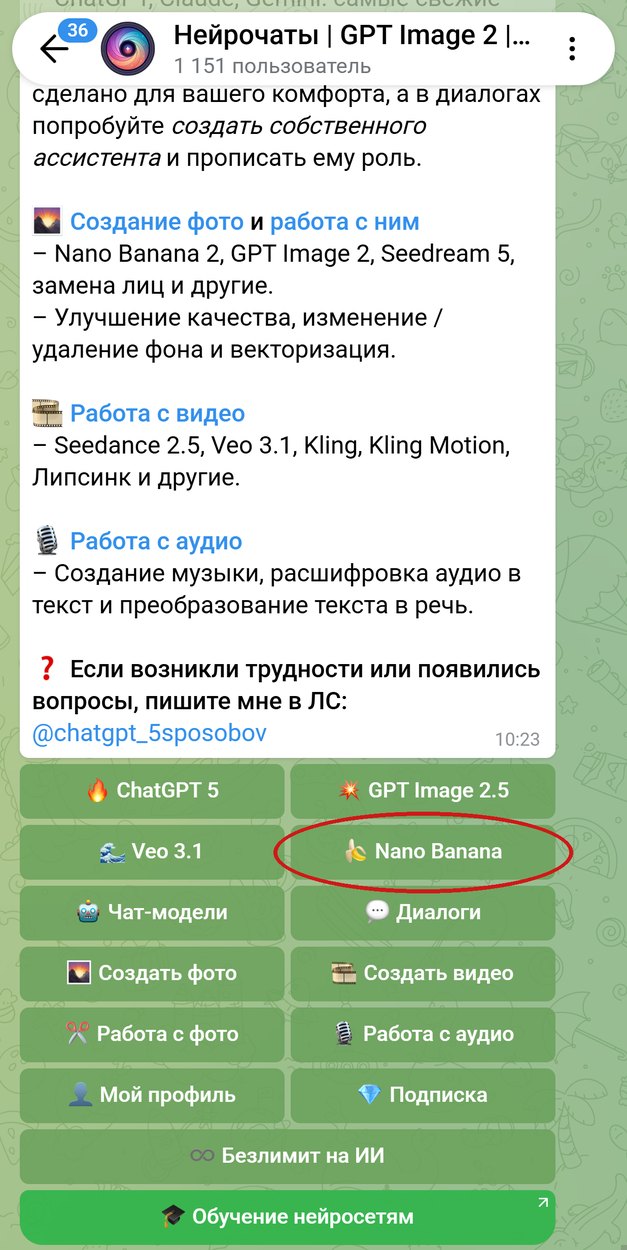 Главное меню бота Нейрочаты, обведена кнопка Nano Banana