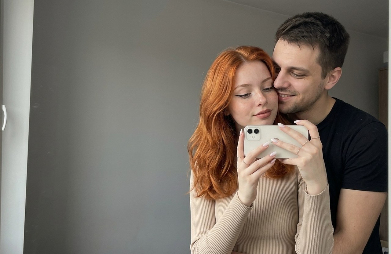 Фото пары в зеркале: рыжая девушка с белым айфоном, парень в чёрной футболке прижался к ней щекой