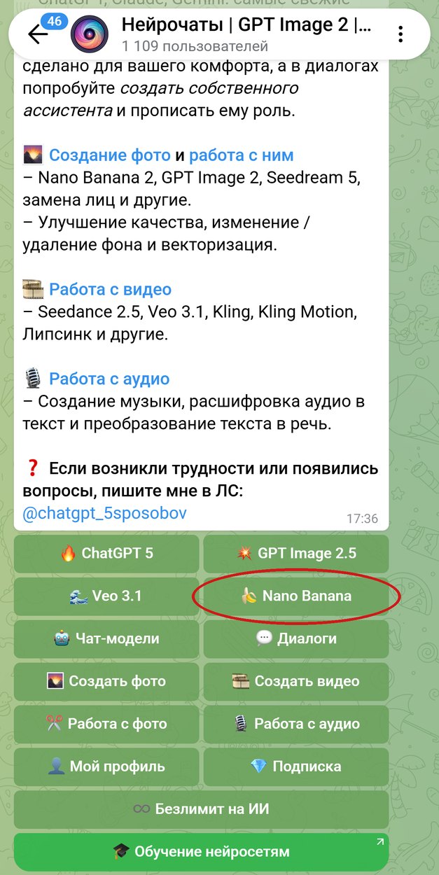 Главное меню бота Нейрочаты, обведена кнопка «Nano Banana»