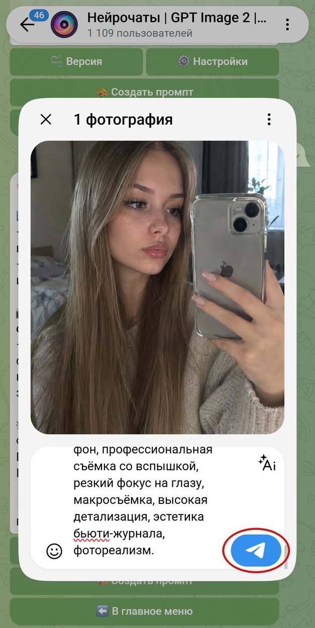Селфи прикреплено, промпт вставлен подписью, обведена кнопка отправки